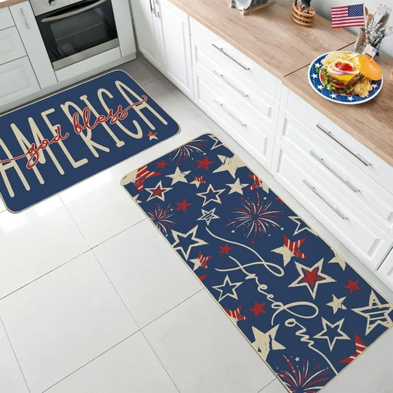 2 Pieces 4th of July Kitchen Rugs Independence Day Decorative Floor Mats Kitchen Dirt Counteractive Floor Mats Two Piece Set Bathroom Defend Slip Floor Mat Set Blue