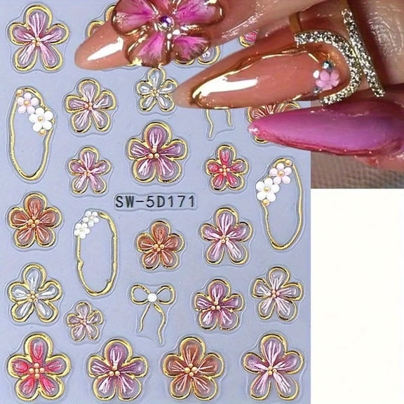 2 Pieces 5D Gold Thread Rose Flower Nail Art Stickers - Self-Adhesive Cartoon Flower & Bow Designs for Parties, Weddings, and Daily Use