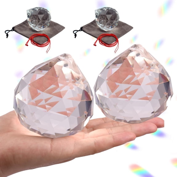 2 Pieces 80mm/3.15 Inch Clear Cut Crystal Prisms Suncatcher,Hanging Rainbow Pendants Glass Sphere Faceted Gazing Ball for Home Dcor,Office,Garden Decoration,Super Sparkly and Flawless