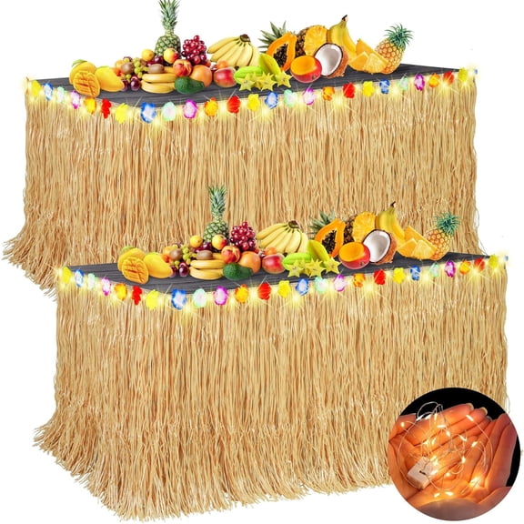 2 Pieces 9 Ft x 30 Inches Luau Grass Table Skirts with LED String Light Hawaiian Table Skirt Lighted Grass Skirt Table Fringe for Tropical, Hawaiian Themed, Birthday Party (Natural)