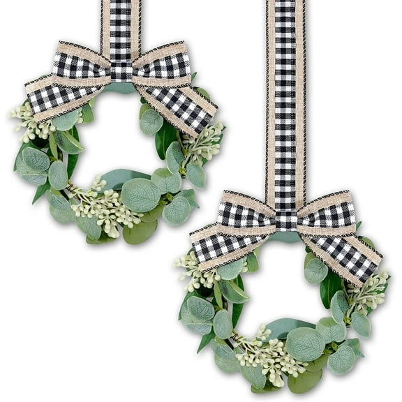 2 Pieces 9" Mini Eucalyptus Wreaths, Artificial Spring Summer Greenery Wreaths, Front Door Farmhouse Kitchen Cabinet Wreaths with Ribbon, for Porch Wall Window Decor