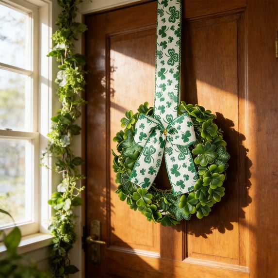 2 Pieces 9 Mini St. Patrick's Day Shamrocks Wreath for Front Door St. Patrick's Day Decorations Greenery Wreath Kitchen Cabinet Wreaths with Ribbon for Porch Wall Window Decor