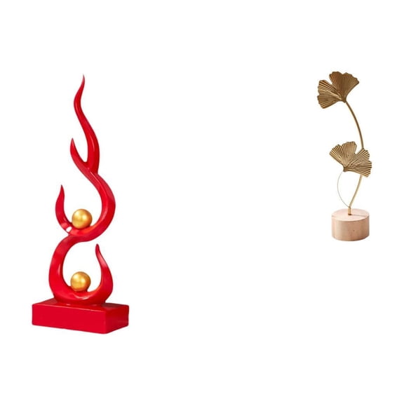 2 Pieces Abstract Fire Sculpture Leaf Statue Art Figurine with Iron Resin Wood Base Modern Home Office Decor