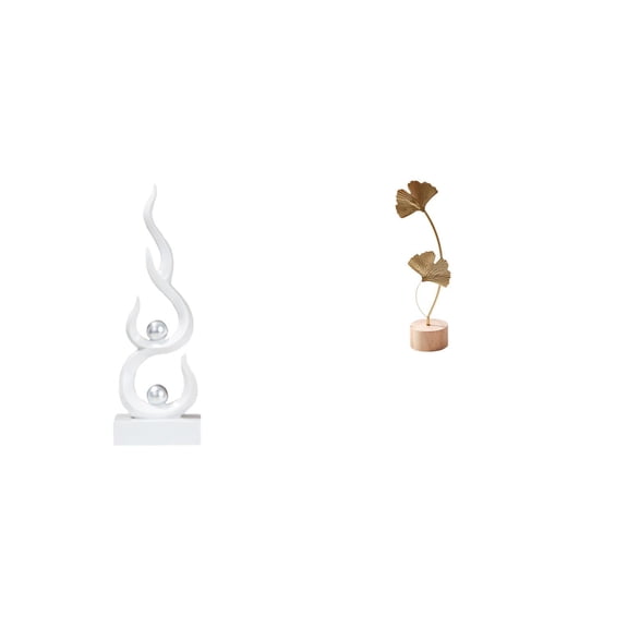 2 Pieces Abstract Fire Sculpture Leaf Statue Metal Art Ornament with Wood Base for Office Home Party Decor