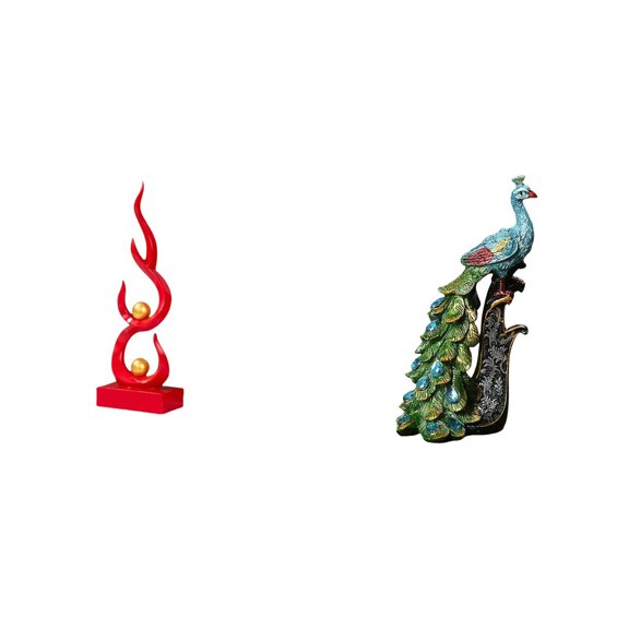 2 Pieces Abstract Fire Sculpture Peacock Statue Resin Material Decorative Figurine for Office Living Room