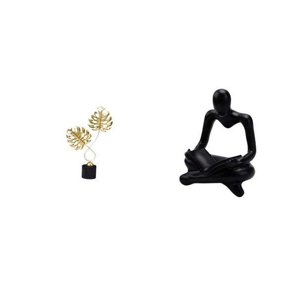 2 Pieces Abstract Thinker Figurine Leaf Statue Human Artwork Resin Crafted for Office Shelf Housewarming Gift