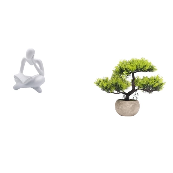 2 Pieces Abstract Thinker Statue Artificial Bonsai Tree Faux Plant Resin Material for Living Room Office Decor