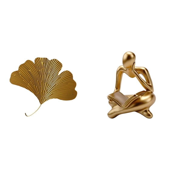 2 Pieces Abstract Thinker Statue Ginkgo Leaves Wall Sculpture Wrought Iron Art Crafts for Living Room Office Shelf