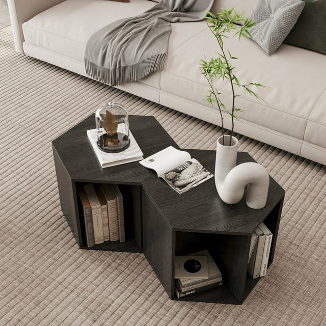 2 Pieces Accent Coffee Table, Modern 47.24" Multi-Function Wood Side Table with Open Storage Space, Hexagonal Nightstand Set of 2 for Living Room, Bedroom, Black Brown