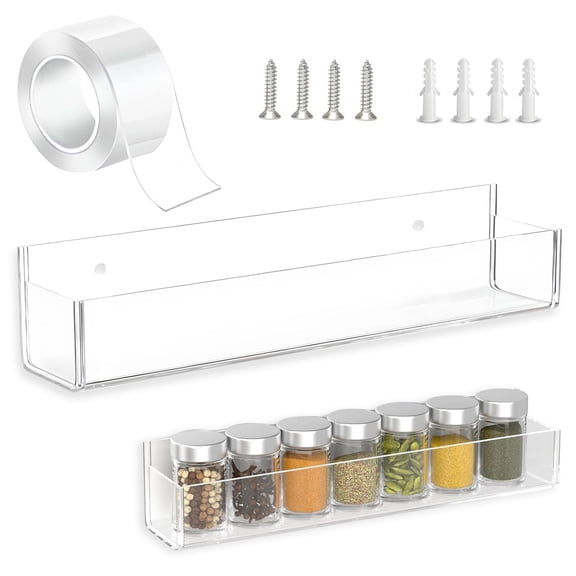 2 Pieces Adhesive Acrylic Wall Mount Spice Rack Organizer Shelf, Clear Holder Hanging Spice Rack for Wall Kitchen Cabinet Office Bathroom Invisible with Double Sided Tape Screws