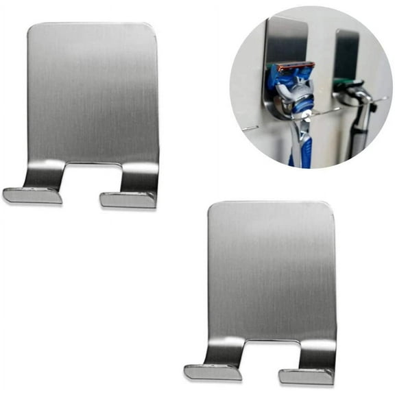 2 Pieces Adhesive Razor Holder, Silver Self Adhesive Razor Hooks Waterproof Bathroom Shower Razor Hanger Stainless Steel Heavy Duty Wall Mount Shaver Holder Hooks for Razor Loofah Towel Plug