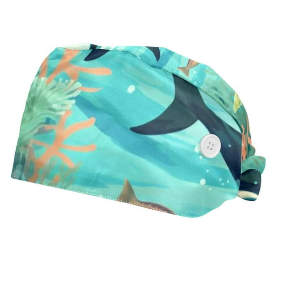 2 Pieces Adjustable Working Cap with Button, Working Hat Sweatband, Whale Bouffant Hats