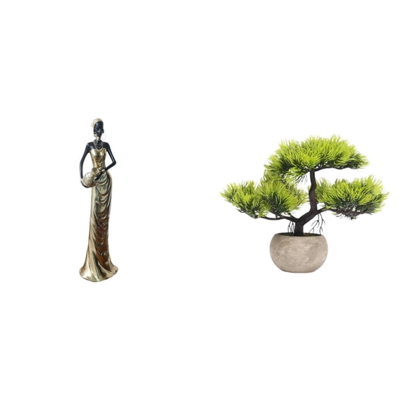 2 Pieces African Figurine Bonsai Tree Desk Sculpture Resin Material for Living Room and Home Decor