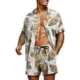 thumbnail image 1 of 2 Pieces Aloha Men's Summer Short Sleeve Shirt Set Hawaii Pattern Beach Shirt Fold Collar Cardigan Button Down Short Sleeve Shirt + Beach Shorts Set, 1 of 4