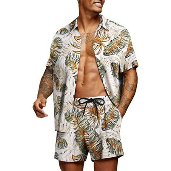 2 Pieces Aloha Men's Summer Short Sleeve Shirt Set Hawaii Pattern Beach Shirt Fold Collar Cardigan Button Down Short Sleeve Shirt + Beach Shorts Set