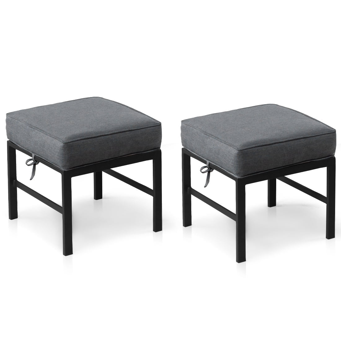 2 Pieces Aluminum Outdoor Ottomans with Gray Cushions, Small Outdoor