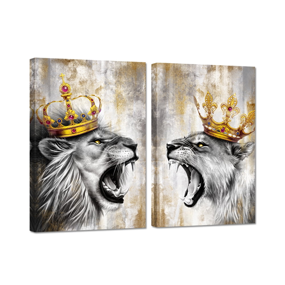 2 Pieces Animal King Framed Canvas Wall Art Clearance Lion and Lioness