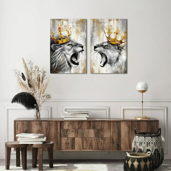2 Pieces Animal King Framed Canvas Wall Art Clearance Lion and Lioness with Crown Painting Grey and Gold Picture Artwork for Bedroom Modern Home Decor Decoration Gift 16x24inchx2pcs
