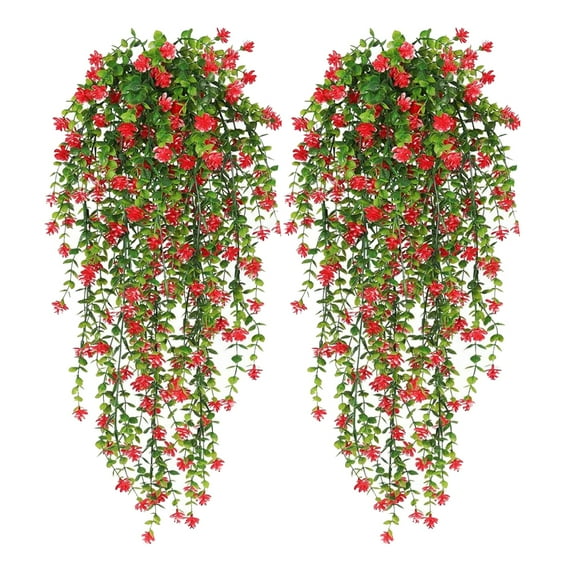 2 Pieces Artificial Hanging Flowers Fake Hanging Plant Faux Eucalyptus Leaf Greenery Vine Outdoor UV Resistant Plastic Plants Home Garden Wedding Party Indoor Outdoor Decorations
