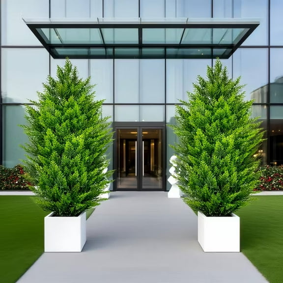 2 Pieces Artificial Pine Needle Fir Christmas Tree Set with Ground Stake Lifelike Leaves Anti-Ultraviolet Faux Pine Tree for Home Hotel Garden Office Wedding Holiday Decoration