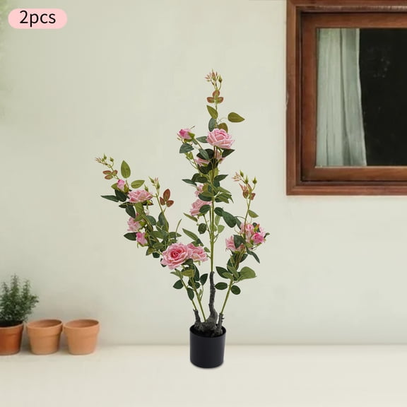 2 Pieces Artificial Rose Tree, Fake Flowers Tree, Artificial Flower Plant Pink