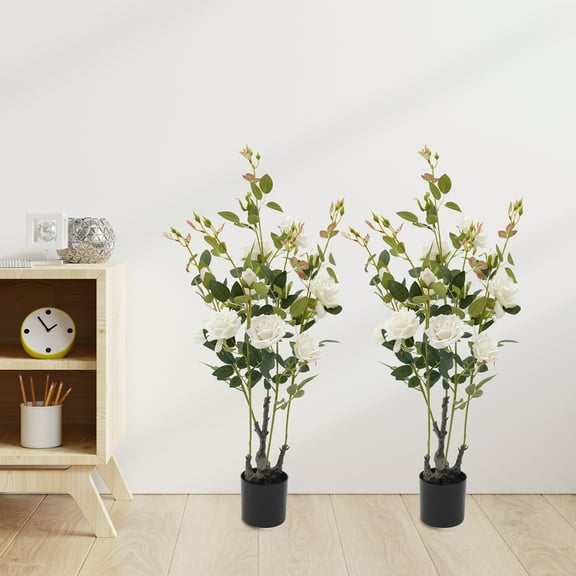 2 Pieces Artificial Rose Tree, Fake Flowers Tree, Artificial Flower Plant White