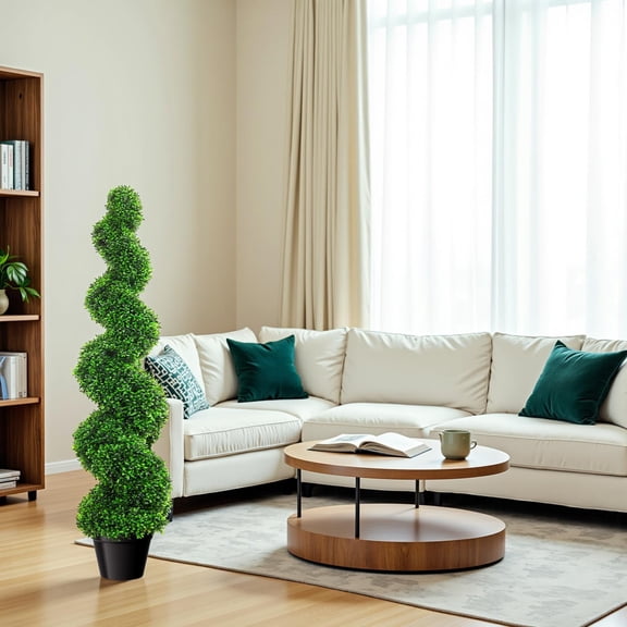 2 Pieces Artificial Spiral Boxwood, 3 Ft All-Year Green Fake Twisted Tree with PE Leaves, Faux Boxwood Plants for Decorative, Indoor, Porch, Garden