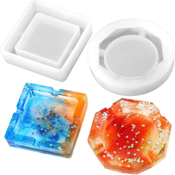 2 Pieces Ashtray Resin Molds, Silicone Resin Mold with Square and Rhombus & Round Shape for Resin Casting, DIY Handcrafts