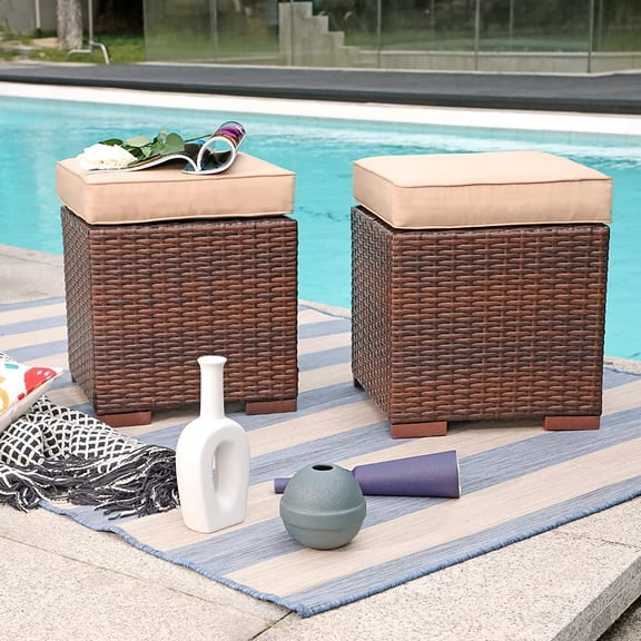 2 Pieces Assembled Outdoor Ottoman, Indoor Outdoor All-Weather Dark Brown Wicker Rattan Footstool with Beige Cushions