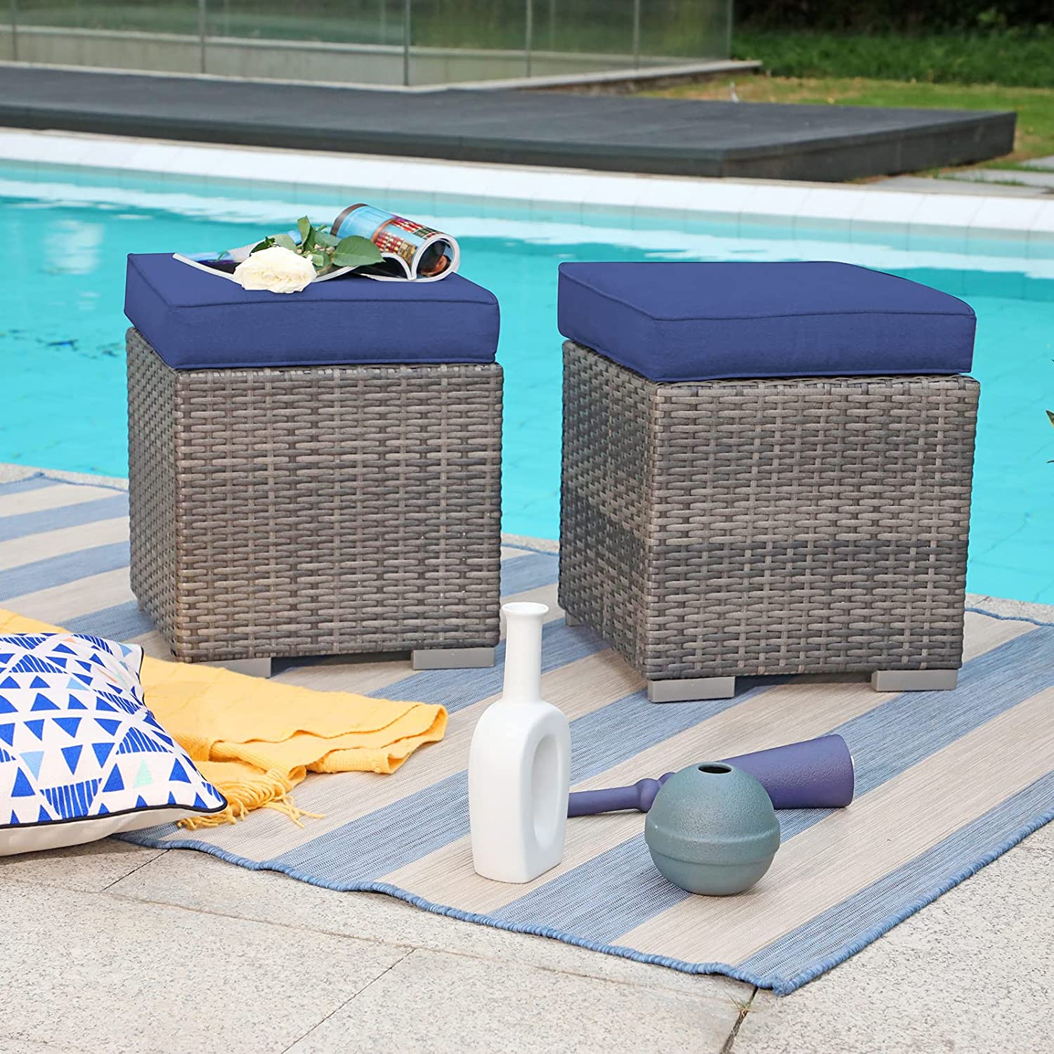 All Weather Rattan Wicker Ottoman Seat, Patio Rattan Furniture, Outdoor Footstool Footrest Seat W/Removable Cushions (Beige