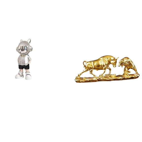 2 Pieces Astronaut Statue Bull Bear Figurine Resin Material for Office Shelf Home Decoration Collectors Display