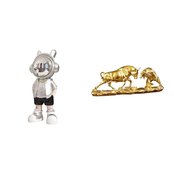 2 Pieces Astronaut Statue Bull Figurine Resin Material for Modern Office Desk and Home Shelf Decoration