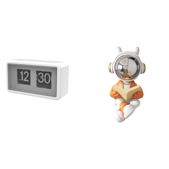2 Pieces Auto Flip Clock Astronaut Statue Resin Material Large Display Home Office Desktop Decoration Living Room Gift