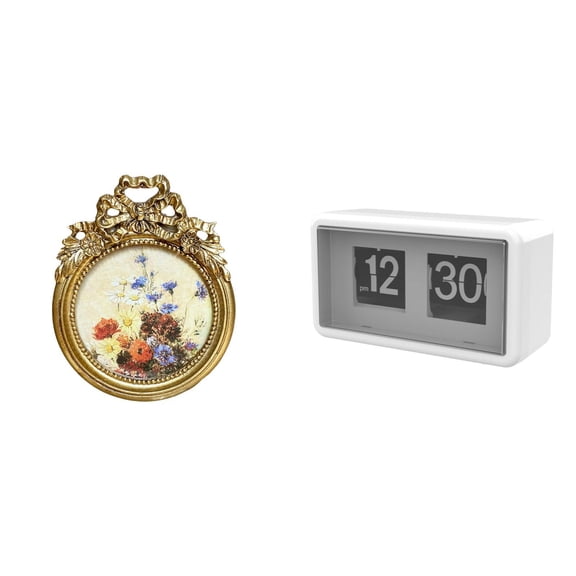 2 Pieces Auto Flip Clock Picture Frame Set Vintage Ornate Resin for Home Office Desktop Decor Wedding Gift
