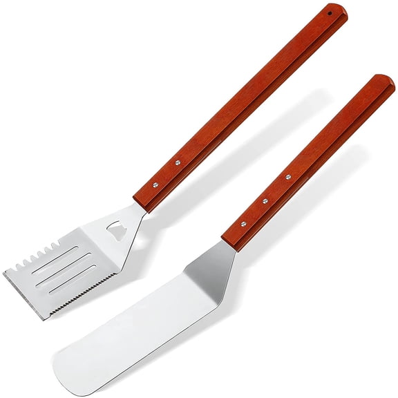 2 Pieces BBQ Extra Long Grill Turner and Spatula Stainless Steel Barbecue Grilling Accessories Slotted Spatula Solid Kitchen with Wooden Handle 20 Inch