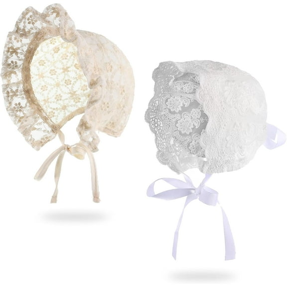 2 Pieces Baby Girl Lacy Bonnet Eyelet Lace Christening Bonnet Cap Toddlers Beanie Breathable Sun Protection Hat White,40- 44cm 16.5-17.3 inches in head circumference