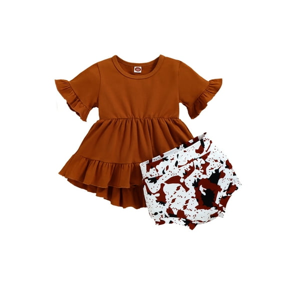 2 Pieces Baby Girls Summer Outfit, Frill Trim Round Neck Short Sleeve Ruffled Tops + Print Pantie Set for Toddlers