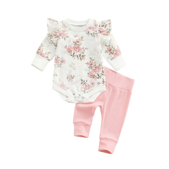 2 Pieces Baby Suit Set 6M 9M 12M 18M Flower Print Round Neck Long Sleeve Romper Solid Color Trousers for Girls, 0-18 Months