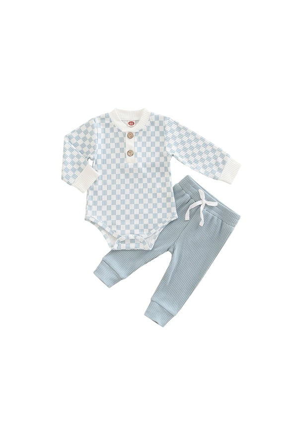 2 Pieces Baby Suit Set, Checkerboard Print Long Sleeve Romper with Buttons+ Tie-Up Long Pants, 0-24 Months