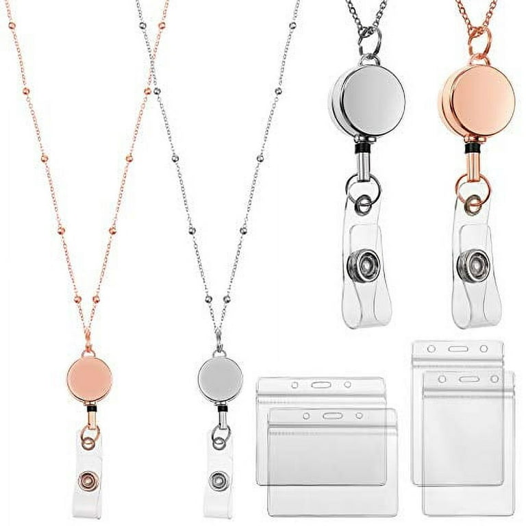 2 Pieces Badge Lanyard with ID Holders Stainless Steel Badge Necklace Retractable  Reel Clip Chain Water Resistant Name Badge Holders for Girl Women (Rose Gold,  Silver) 