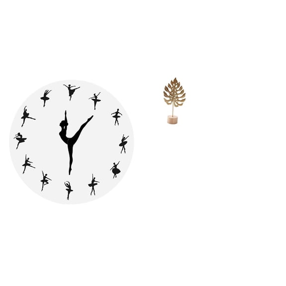 2 Pieces Ballerina Wall Clock Dancing Girl Leaf Sculpture Iron Material Home Decor for Living Room Bedroom Office