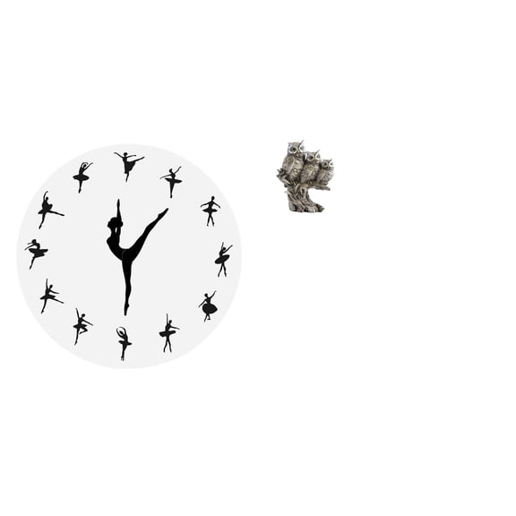 2 Pieces Ballerina Wall Clock Dancing Owl Sculpture Resin Material Quiet Sweep Movement for Home Office