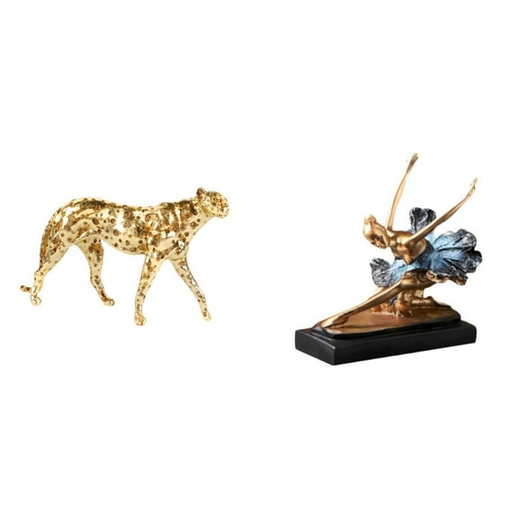 2 Pieces Ballet Dancer Statue Cheetah Figurine Modern Resin Sculpture Ornament for Home Restaurant Fireplace Decoration
