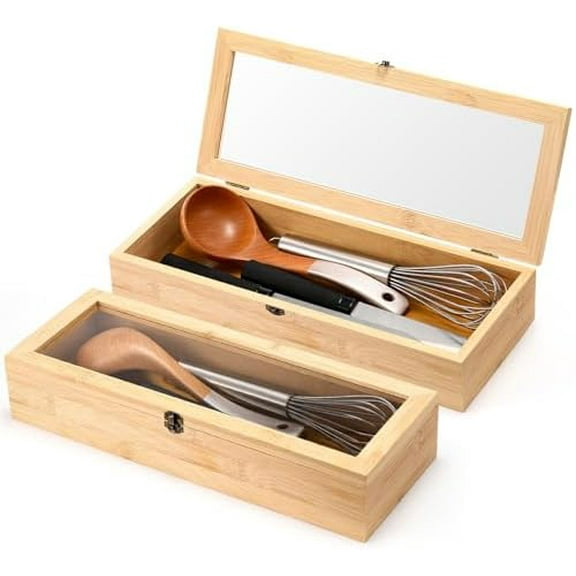 2 Pieces Bamboo Drawer Organizer with Clear Lid Stackable Utensil Organizer Kitchen Silverware Holder Bamboo Flatware Cutlery Storage Box in Drawer