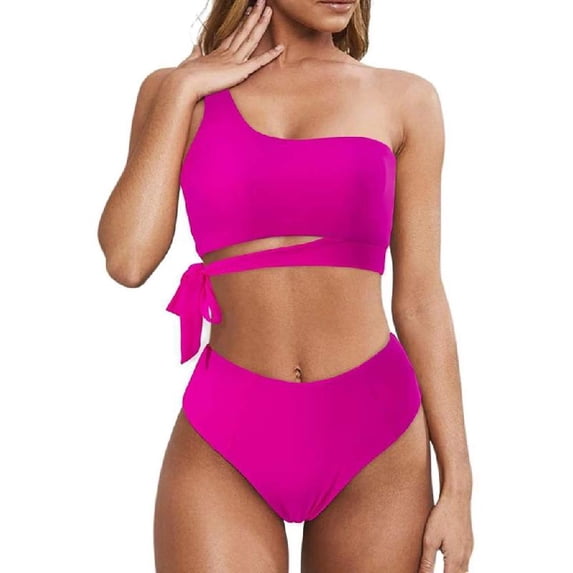 Womens Two Pieces Swimwear Leopard Print Swimsuits One-Shoulder Bikinis Set Bathing Suit for Vacation Beachwear