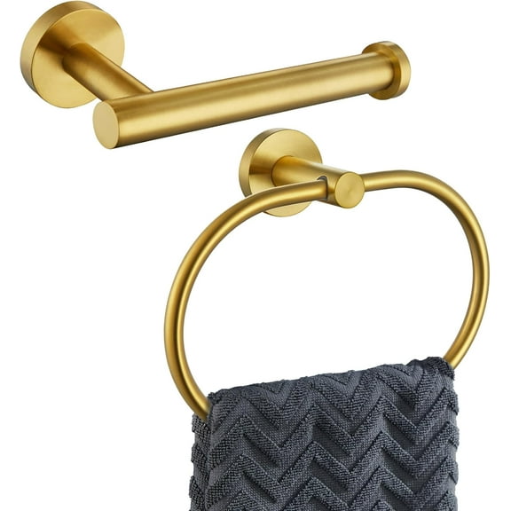 2 Pieces Bathroom Hardware Set Brushed Gold, Contemporary 304 Stainless Steel Storage Accessories Kit with Oval Hand Towel Ring, Toilet Paper Holder Wall Mounted