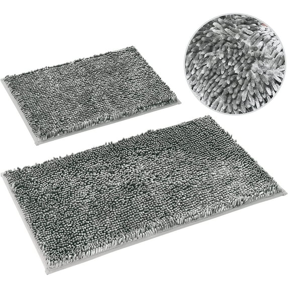 2 Pieces Bathroom Rugs, Non Slip Absorbent Velvety-Soft Butter Chenille Bath Mat Set (Grey)
