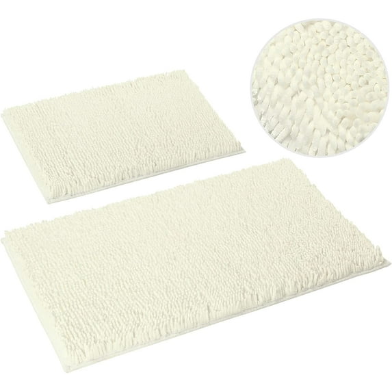 2 Pieces Bathroom Rugs, Non Slip Absorbent Velvety-Soft Butter Chenille Bath Mat Set (Ivory/Cream)