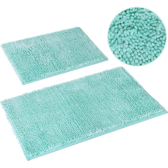 2 Pieces Bathroom Rugs, Non Slip Absorbent Velvety-Soft Butter Chenille Bath Mat Set (Light Blue)