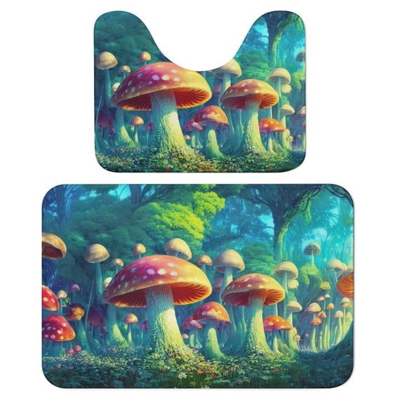 2 Pieces Bathroom Rugs Set With U-Shaped Mat Bath Mat, Glowing Giant Mushroom Forest Psychedelic Fantasy Of Surrealism Non Slip Thick Soft Bath Rug Set, Machine Wash Absorbent Mats For Bathroom